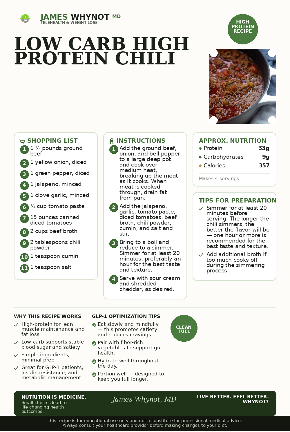 Low Carb High Protein Chili recipe card